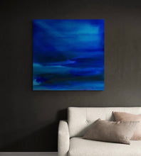 Load image into Gallery viewer, Original abstract artwork in varying shades of deep blue, lighter blue and green. Shown on a charcoal wall.
