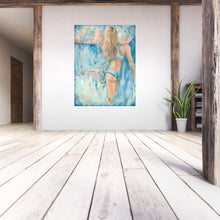 Load image into Gallery viewer, Girl in a blue bikini holding a blue surfboard, against a blue and pastel background. Shown on a white wall.
