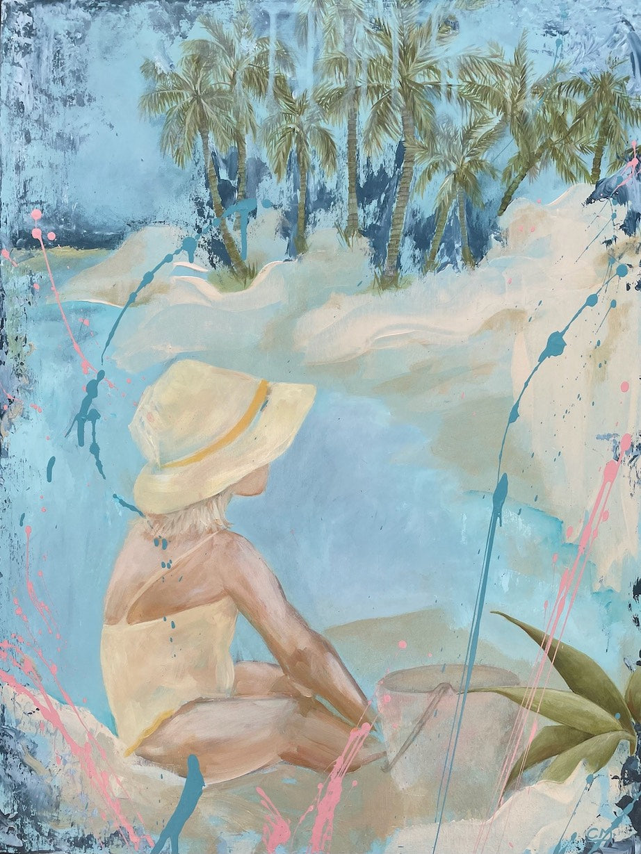 Pastel painting of a girl in a biking sitting on the beach, watching the tide rise and fall