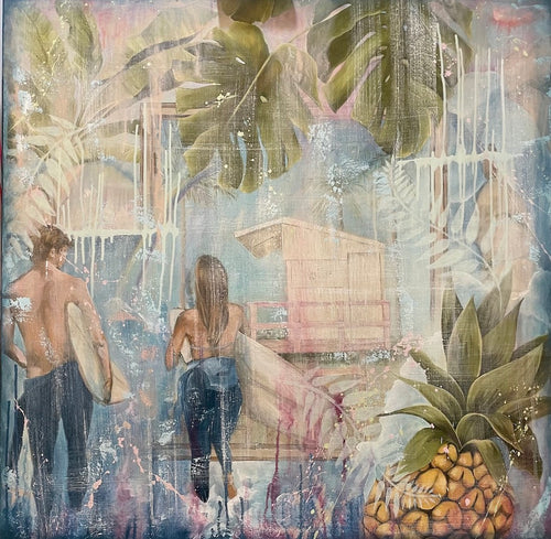 Summer images grouped together, a sunset sky, a couple with surfboards under their arms, a beach shack, tropical plants and a banana palm laden with bananas.