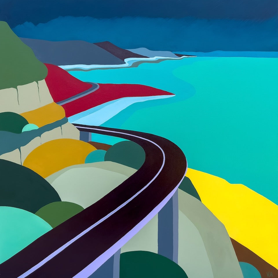 Sea Cliff Bridge at Lawrence Hargrave Drive, Clifton NSW in a stylised colourful painting.