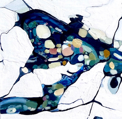 Oil painting of an abstract rock pool in shades of blue, aqua, turquoise with multi-coloured detail. Shown in detail view.