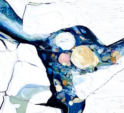 Oil painting of an abstract rock pool in shades of blue, aqua, turquoise with multi-coloured detail. Shown in detail view 2.