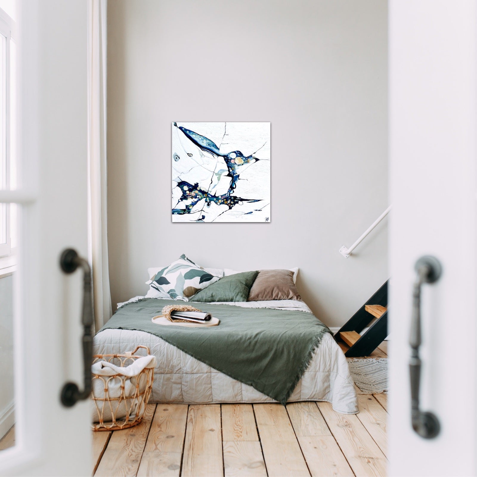Oil painting of an abstract rock pool in shades of blue, aqua, turquoise with multi-coloured detail. in situ on a bedroom wall.