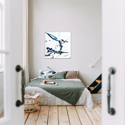 Oil painting of an abstract rock pool in shades of blue, aqua, turquoise with multi-coloured detail. in situ on a bedroom wall.