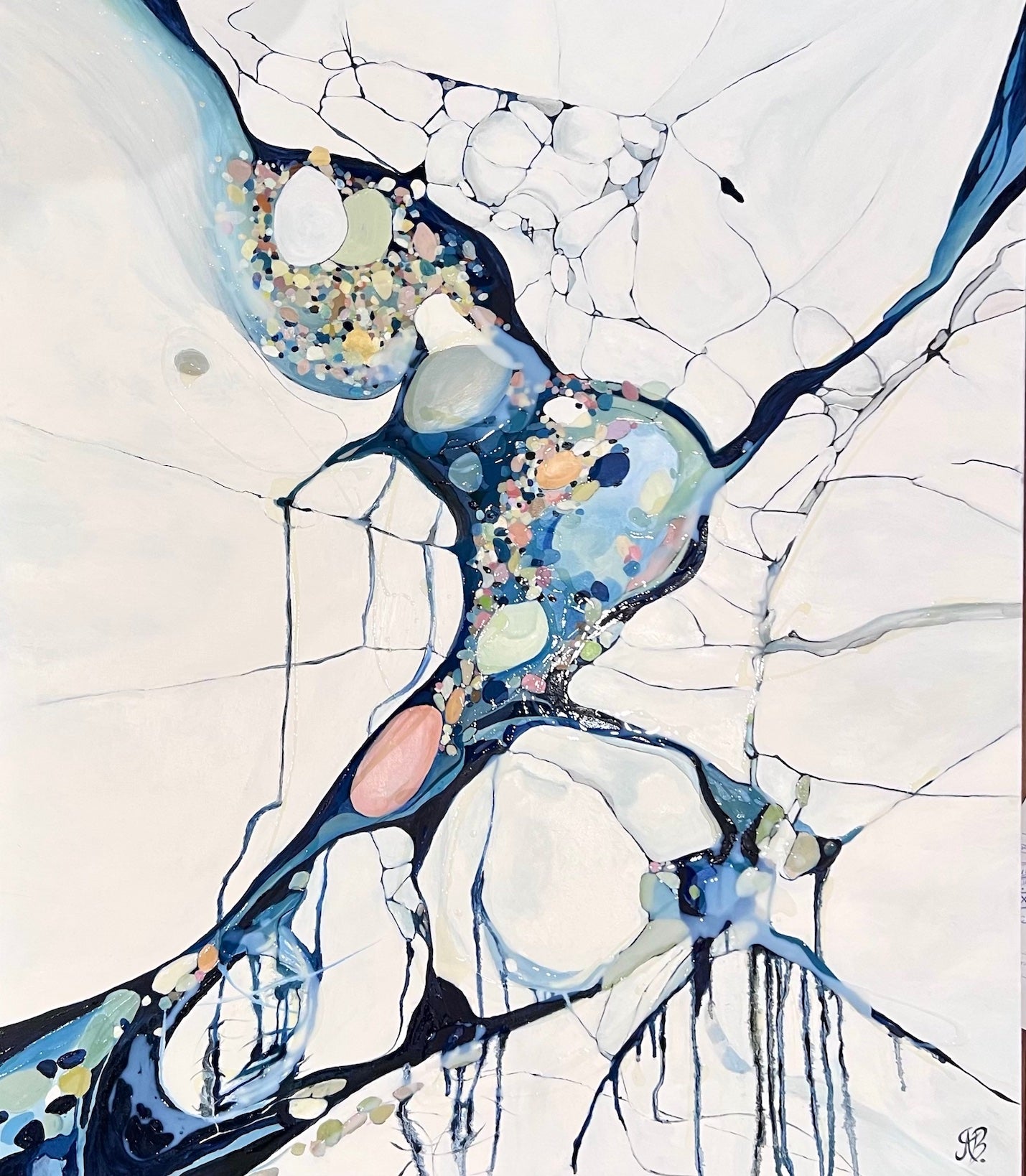 Abstract painting in shades of white, blue and small detail of multi colours.