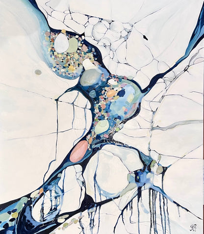 Abstract painting in shades of white, blue and small detail of multi colours.
