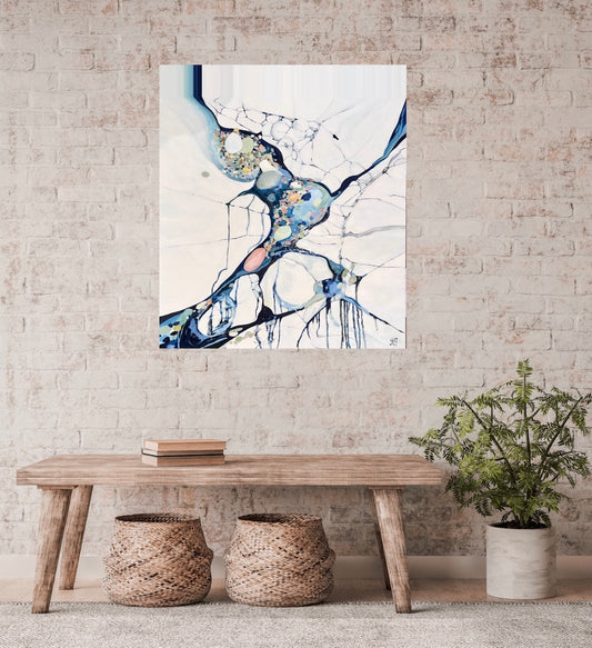 Abstract painting in shades of white, blue and small detail of multi colours. Shown on a brick wall.