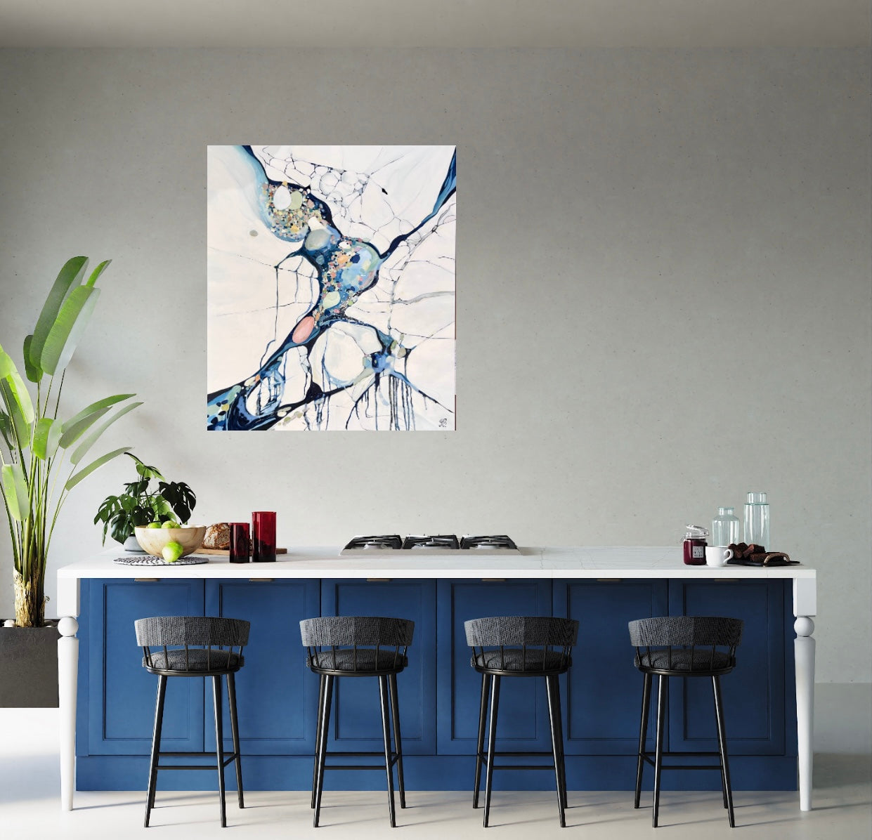 Abstract painting in shades of white, blue and small detail of multi colours. Shown on a pale grey wall.