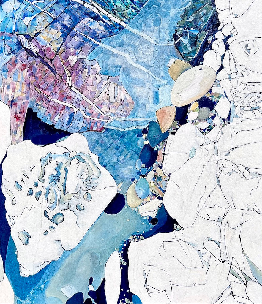 Abstract rockpool in shades of blue, aqua, turquoise, pink, yellow and white.