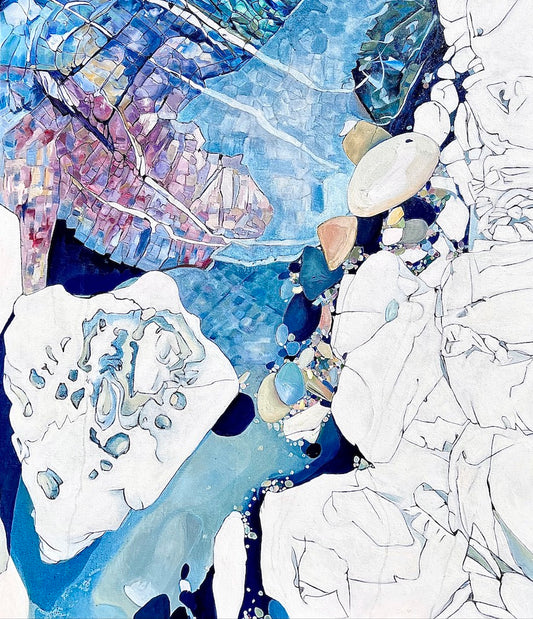 Abstract rockpool in shades of blue, aqua, turquoise, pink, yellow and white.