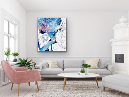 Abstract rockpool in shades of blue, aqua, turquoise, pink, yellow and white. Shown on a pale grey living room wall.
