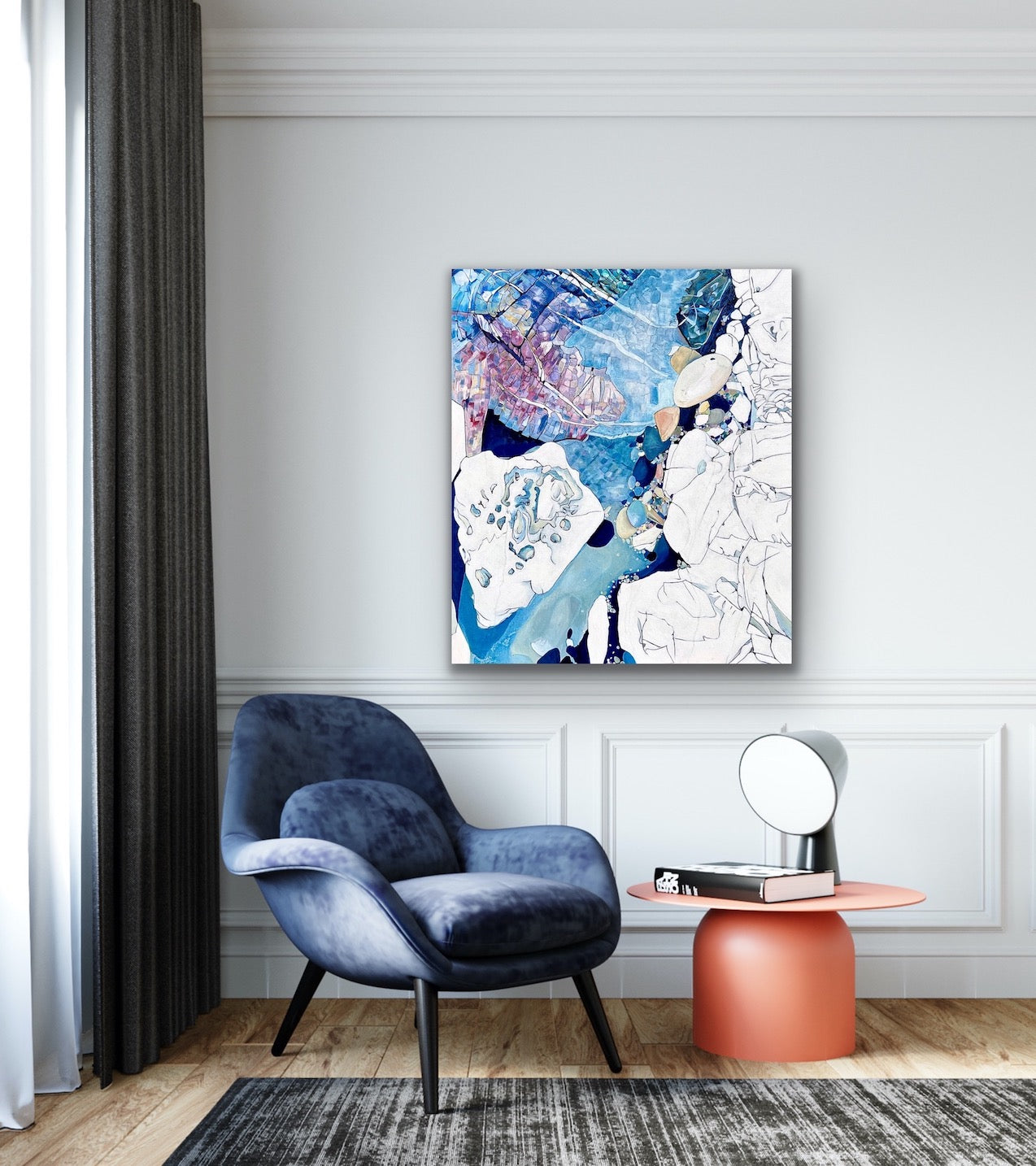 Abstract rockpool in shades of blue, aqua, turquoise, pink, yellow and white. Shown on a sitting room wall.