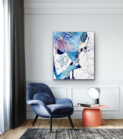 Abstract rockpool in shades of blue, aqua, turquoise, pink, yellow and white. Shown on a sitting room wall.
