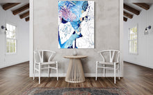 Load image into Gallery viewer, Abstract rockpool in shades of blue, aqua, turquoise, pink, yellow and white. Shown on a wall above a side table and 2 chairs.
