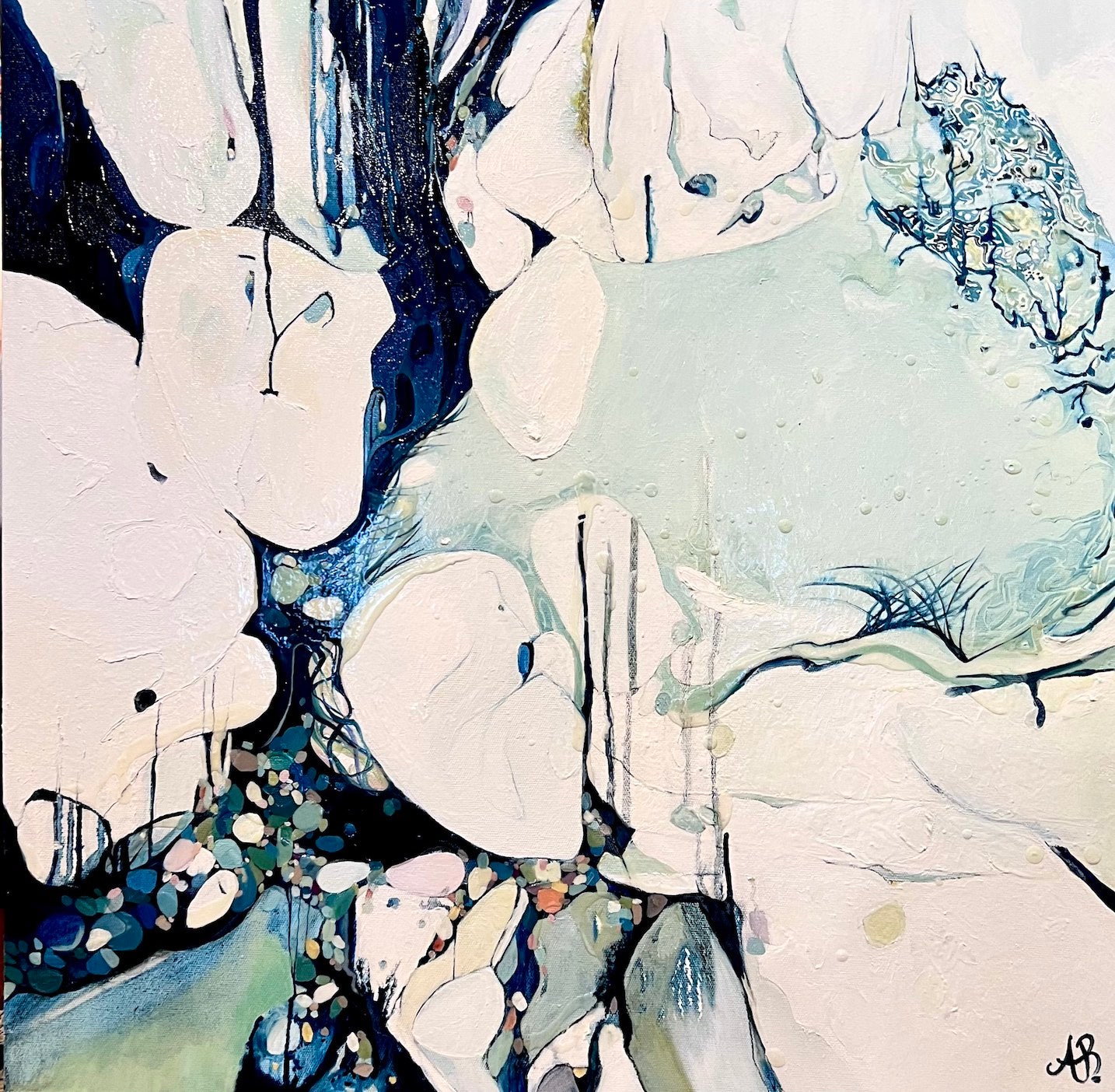 Abstract oil painting based on ocean rock pools in shades of cream, navy, aqua, pale green and a small splash of ochre.