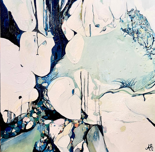 Abstract oil painting based on ocean rock pools in shades of cream, navy, aqua, pale green and a small splash of ochre.