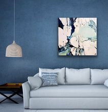Load image into Gallery viewer, Abstract oil painting based on ocean rock pools in shades of cream, navy, aqua, pale green and a small splash of ochre. Shown in situ on a mid blue living room wall.
