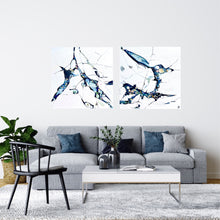 Load image into Gallery viewer, Abstract oil painting on a white background with blue, aqua, turquoise multi-coloured detail. In situ with matching painting.
