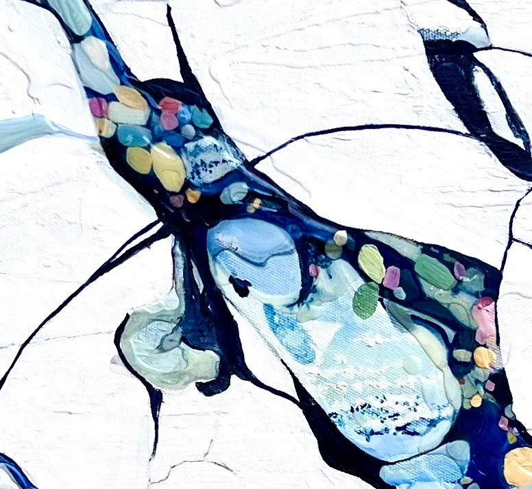 Abstract oil painting on a white background with blue, aqua, turquoise multi-coloured detail. Close up, detailed view.