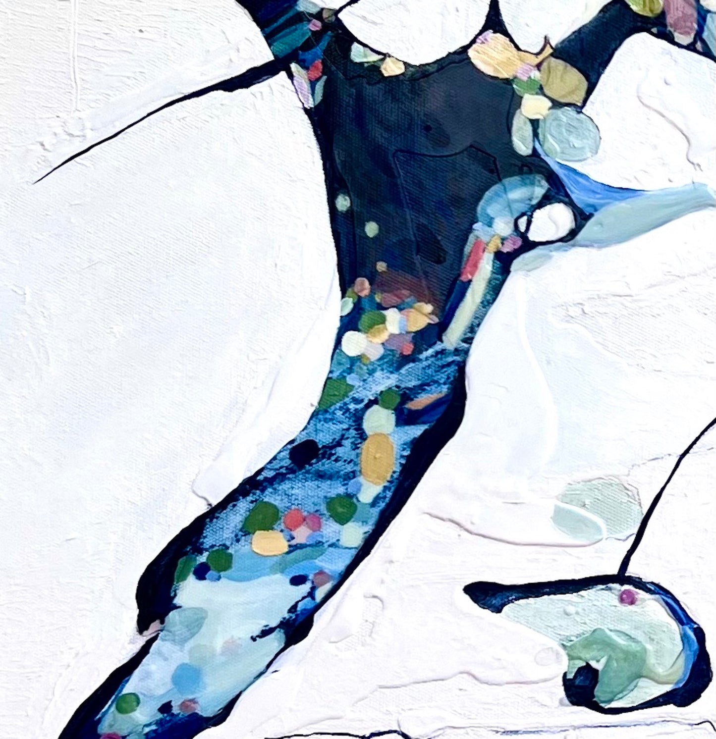 Abstract oil painting on a white background with blue, aqua, turquoise multi-coloured detail. Close up detail view 2.