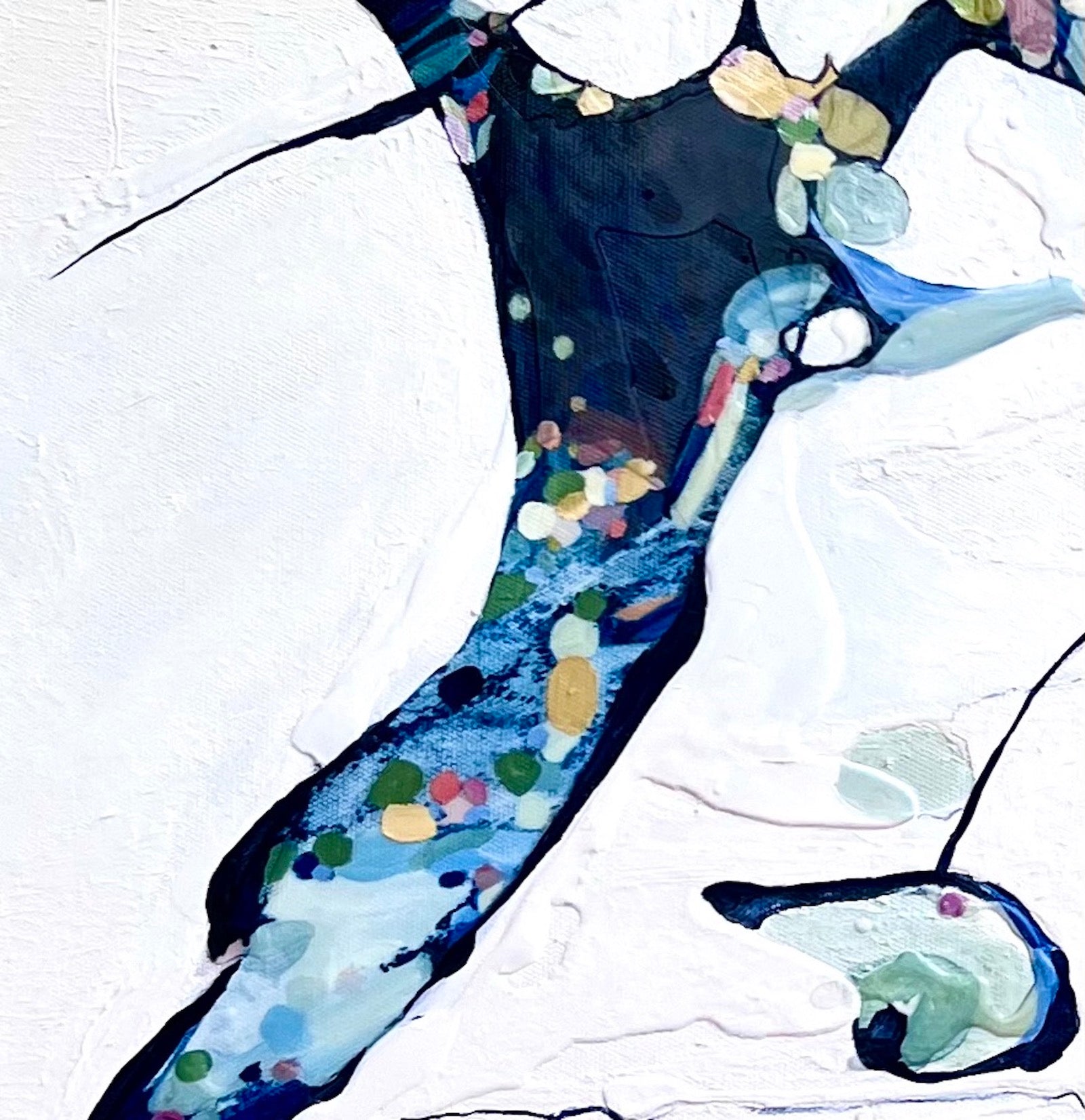 Abstract oil painting on a white background with blue, aqua, turquoise multi-coloured detail. Close up detail view 2.