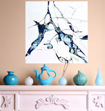 Load image into Gallery viewer, Abstract oil painting on a white background with blue, aqua, turquoise multi-coloured detail. In situ on an apricot coloured wall.
