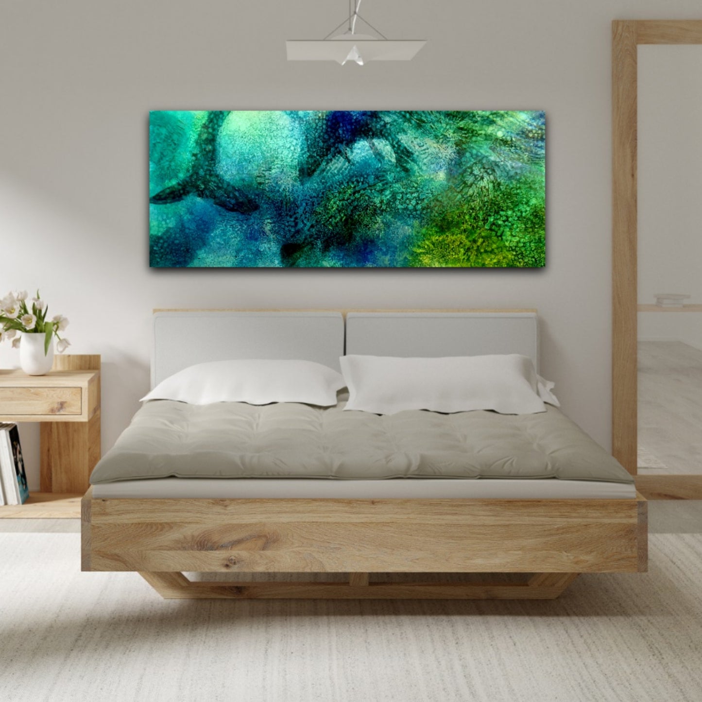 Underwater painting of seals on the NSW South Coast. In situ on a bedroom wall.
