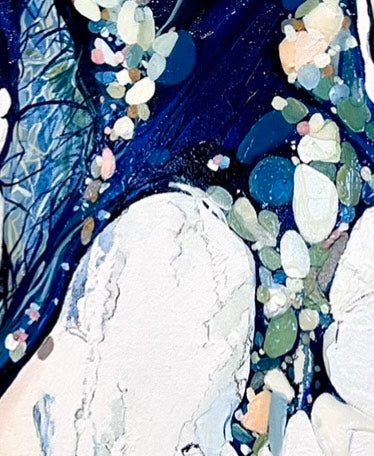 Closeup of abstract oil painting of ocean rock pools in shades of blue, aqua, rose pink, sage green and cream.