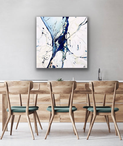 Abstract oil painting of ocean rock pools in shades of blue, aqua, rose pink, sage green and cream. Shown in situ on a pale grey dining room wall.