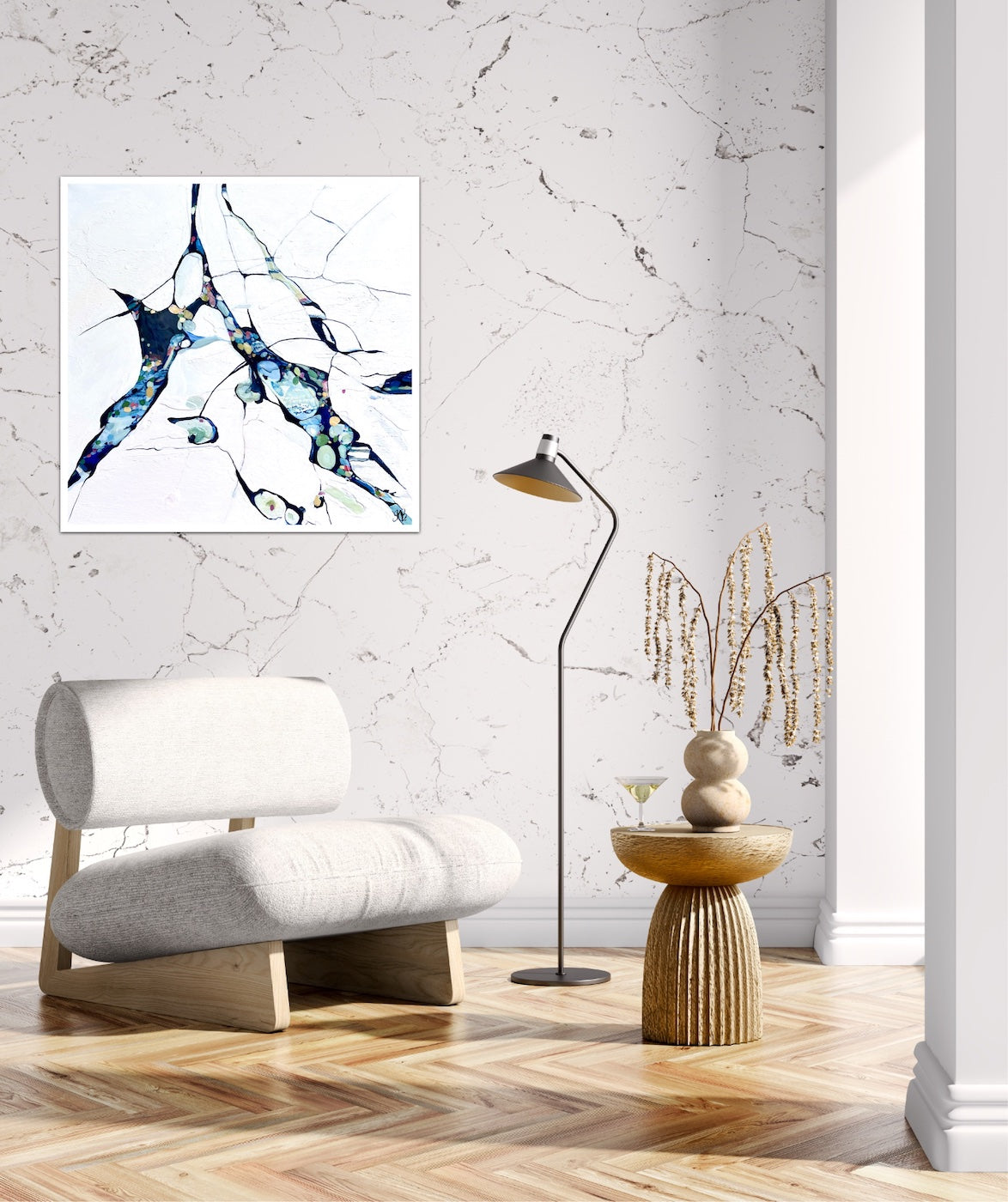 Abstract oil painting on a white background with blue, aqua, turquoise multi-coloured detail. In situ on a marbled wall.