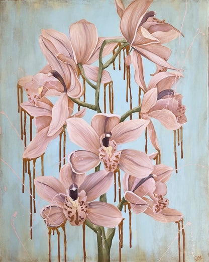 Tropical flowers in a pale shade of pink against a pastel blue background.