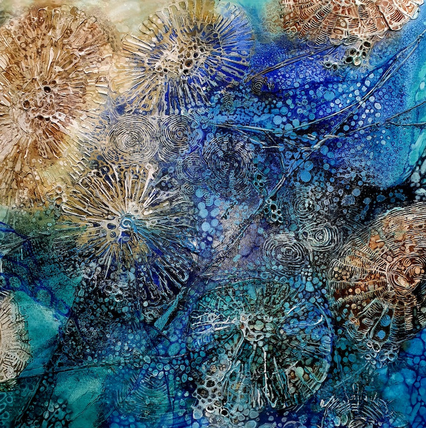 Abstract painting of an underwater scene in shades of aqua, blue and caramel.