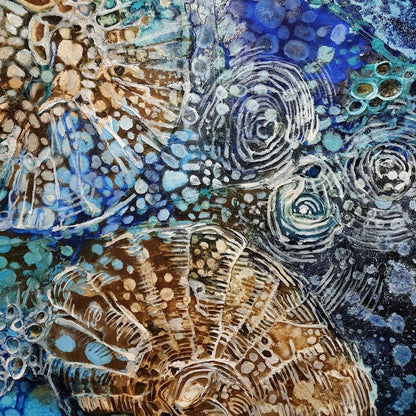Abstract painting of an underwater scene in shades of aqua, blue and caramel. Detail view.