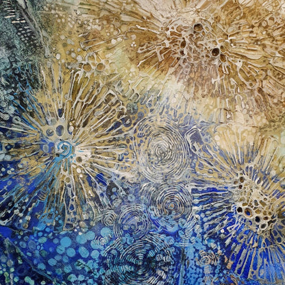 Abstract painting of an underwater scene in shades of aqua, blue and caramel. A detailed view of the artwork is shown here.