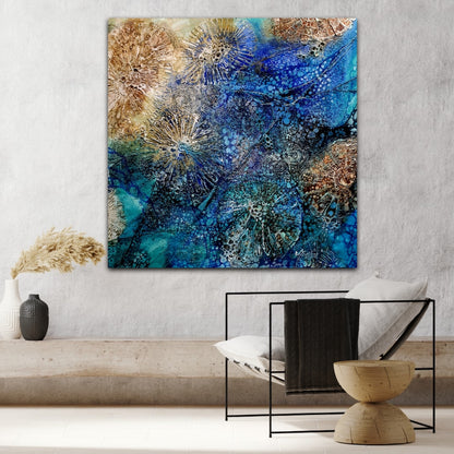 Abstract painting of an underwater scene in shades of aqua, blue and caramel. In situ on a white bagged concrete wall.