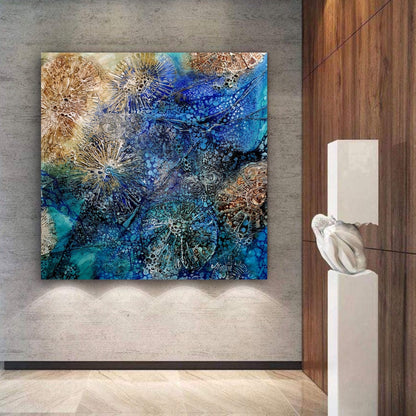 Abstract painting of an underwater scene in shades of aqua, blue and caramel. In situ on a beige wall.