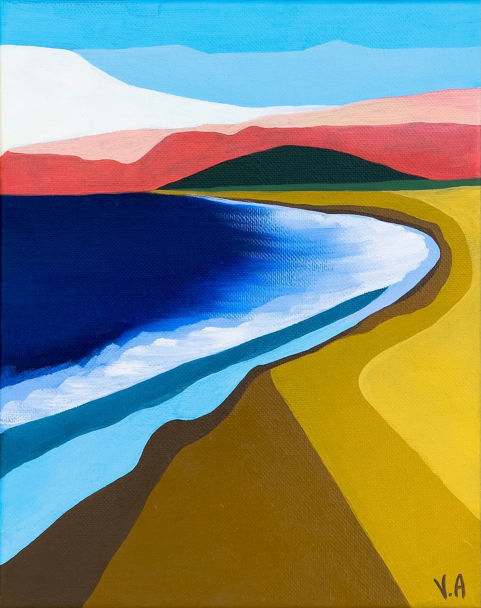 Seven Mile Beach on the NSW South Coast, in a stylised colourful painting.