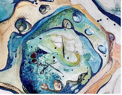 Abstract rockpool in shades of blue, green, turquoise, citrus, pink and white. Shown in Detail view.