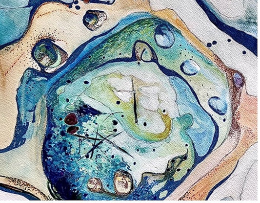 Abstract rockpool in shades of blue, green, turquoise, citrus, pink and white. Shown in Detail view.