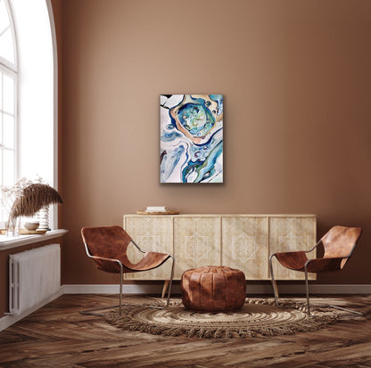 Abstract rockpool in shades of blue, green, turquoise, citrus, pink and white. Shown on a light brown wall.