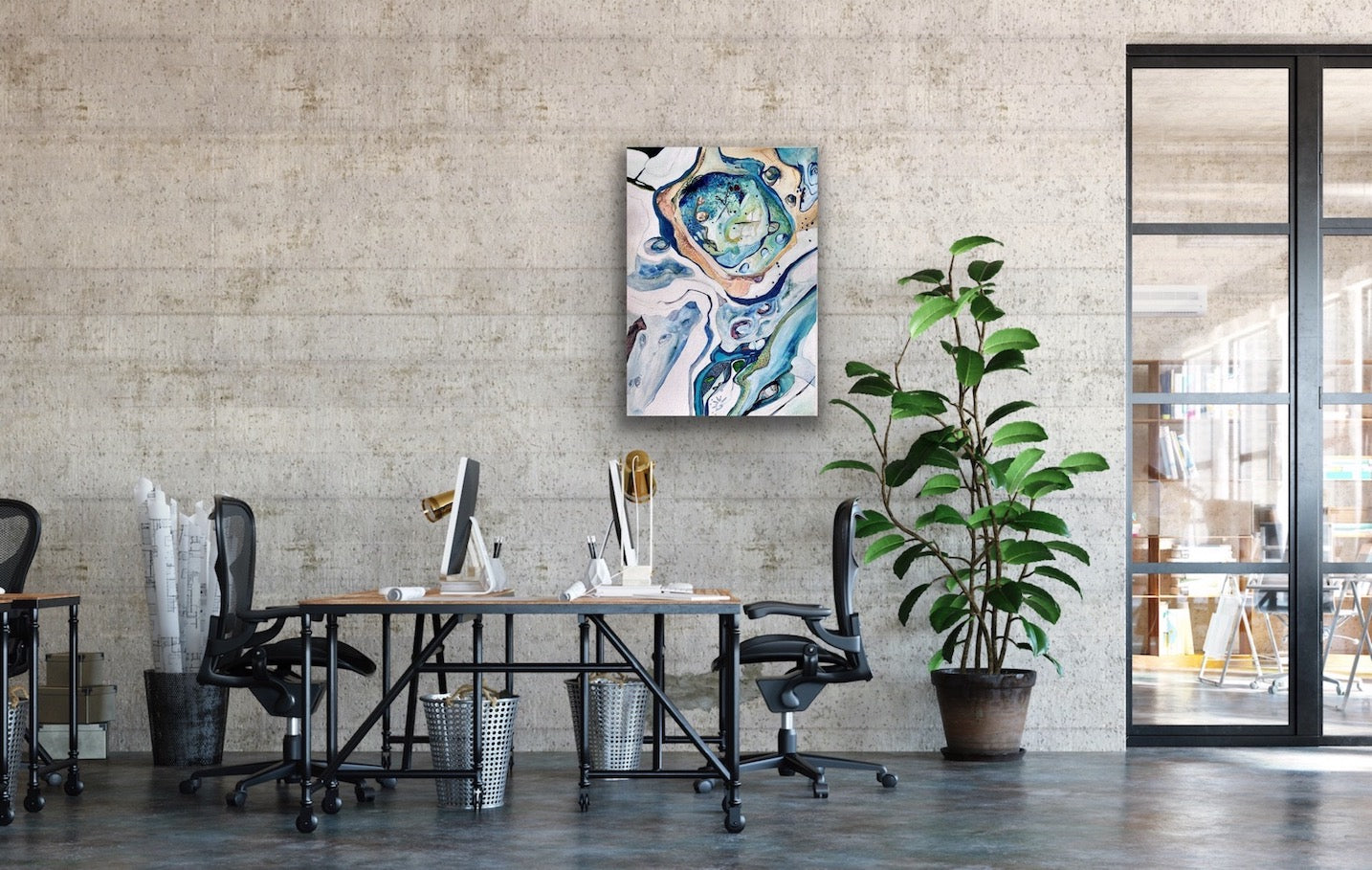 Abstract rockpool in shades of blue, green, turquoise, citrus, pink and white. Shown here on an office wall.