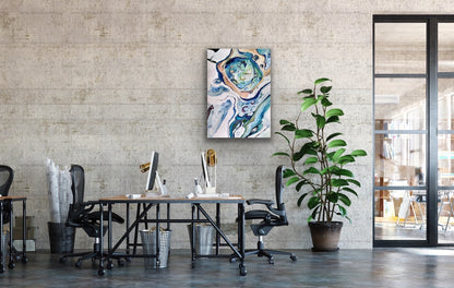 Abstract rockpool in shades of blue, green, turquoise, citrus, pink and white. Shown here on an office wall.