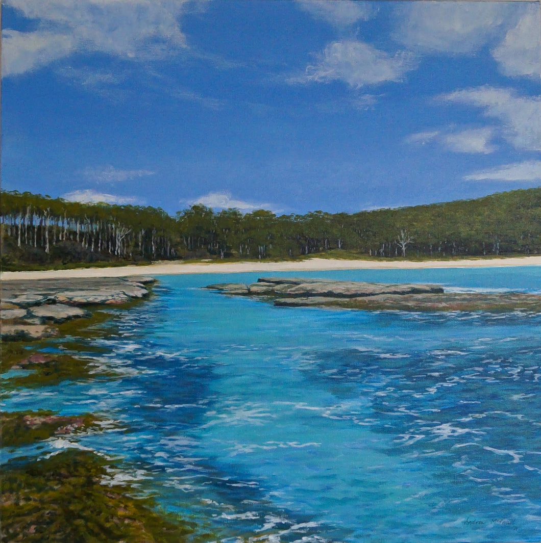Andrew McPhail, original painting, there are so many hidden jewels along the NSW south coast. This particular rock platform draws the eye along a sparkling gutter to the spotted gum forest at the edge of the golden sand. Dive in or just stand in appreciation!