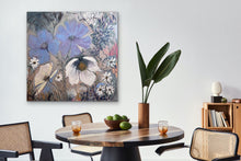 Load image into Gallery viewer, Field of abstract flowers in mid blue and cream. In situ on a white wall.
