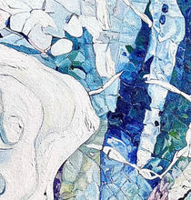 Load image into Gallery viewer, Abstract oil painting in white and blue with small multi-colours depicting stained glass. Detail view of painting shown here.
