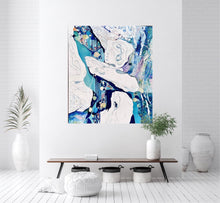 Load image into Gallery viewer, Abstract oil painting in white and blue with small multi-colours depicting stained glass. Shown on a white dividing wall.
