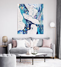 Load image into Gallery viewer, Abstract oil painting in white and blue with small multi-colours depicting stained glass. Shown on a white wall.
