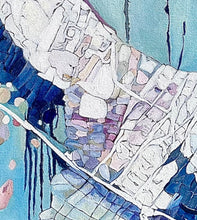 Load image into Gallery viewer, Abstract painting in white and blue with small multi-colours depicting stained glass. Detail view of the painting shown here.
