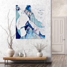 Load image into Gallery viewer, Abstract painting in white and blue with small multi-colours depicting stained glass. Shown on a dividing wall.
